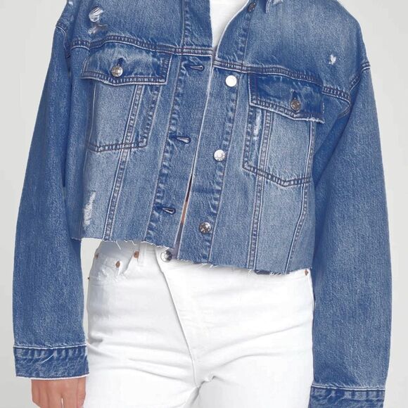 Daze Denim The Main Squeeze Crop  Distressed Trucker Denim Jacket in Throwdown M - Picture 7 of 13